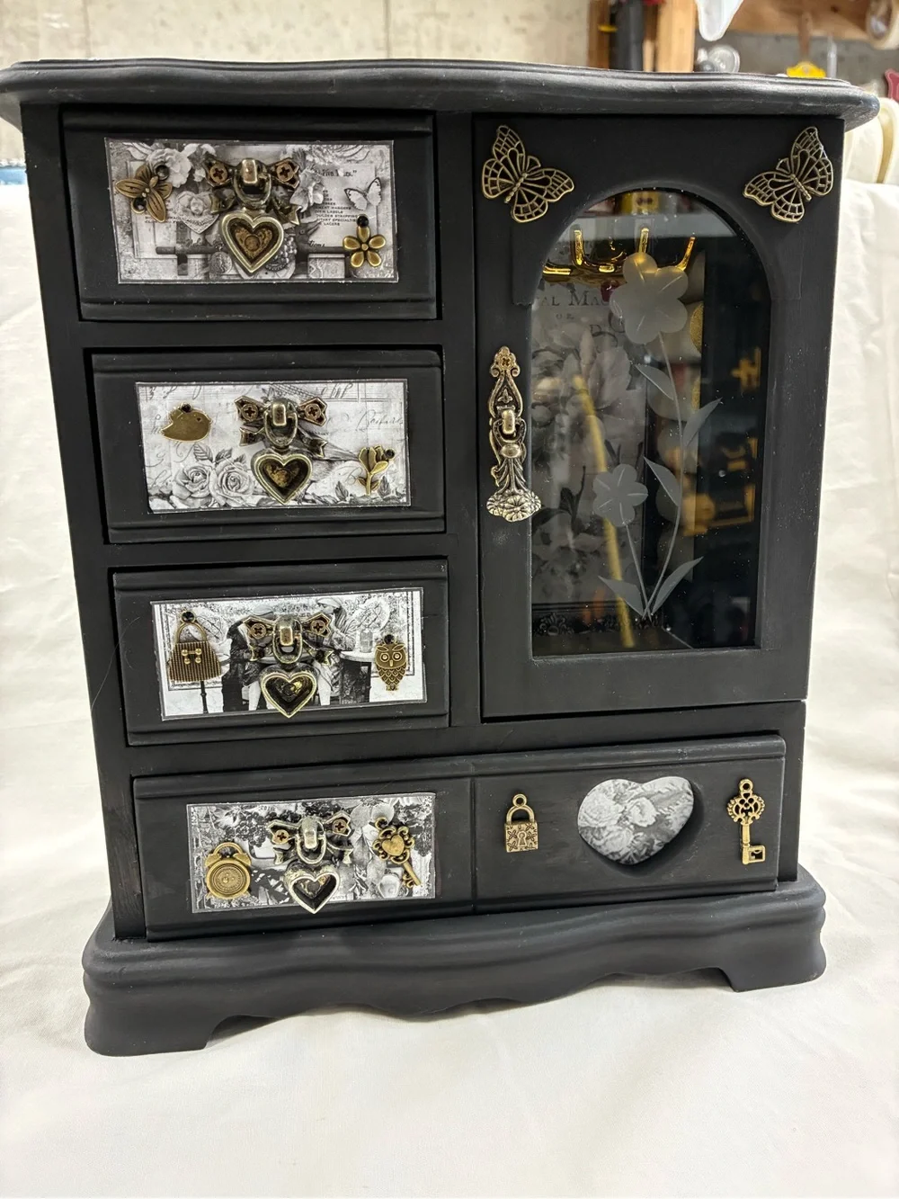 Black Jewelry Organizer Box with Gold Accents and Glass Door
